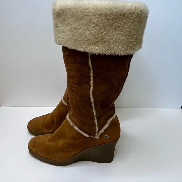 UGG Women's Sandra S/N 5449 Tan Leather Shearling Tall Wedge Boots Size 8 - Picture 7 of 16